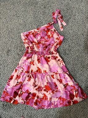 Sleeveless Pink & Red Floral Casual Dress with Tie Shoulder